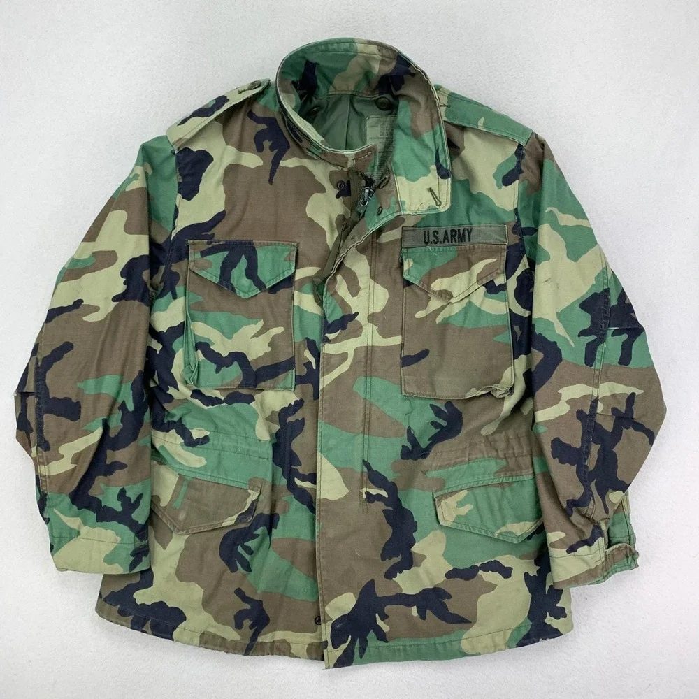 US Army Cold Weather Jacket Mens Medium Woodland‎ Camo Field Coat Military 90s
